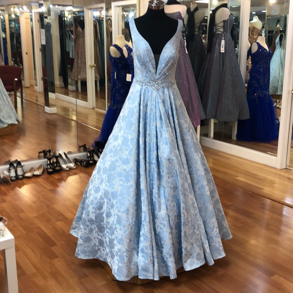 Light blue floral pattern prom dress, rhinestones